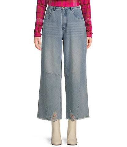 C&V Chelsea & Violet Raw Edge Frayed Hem Wide Leg Denim Jeans