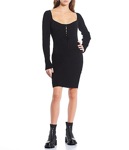 C&V Chelsea & Violet Ribbed Long Sleeve Lace-Up Front Bodycon Dress