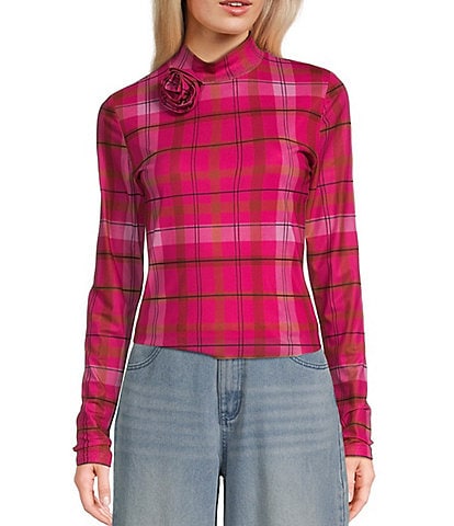 C&V Chelsea & Violet Rosette Plaid Mesh Top