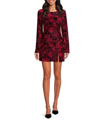 C&V Chelsea & Violet Round Neck Bell Sleeves Tie Back Velvet Printed Floral Dress