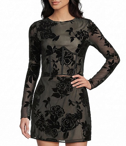 C&V Chelsea & Violet Round Neck Long Sleeve Flocked Mesh Coordinating Corset Top