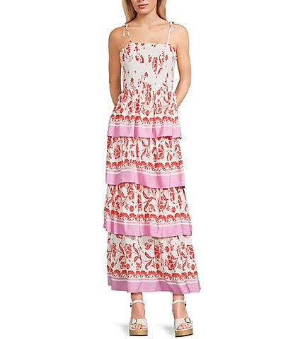 C&V Chelsea & Violet Square Neck Sleeveless Tiered Floral Tropical Print Maxi Dress