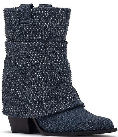 D'Amelio Footwear Savella Denim Rhinestone Embellished Foldover Booties