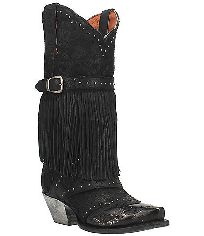 Dan Post Bed of Roses Embossed Leather Studded Fringe Western Boots