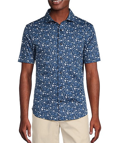 Daniel Cremieux Signature Label Floral Printed Cotton Interlock Short Sleeve Coatfront Shirt