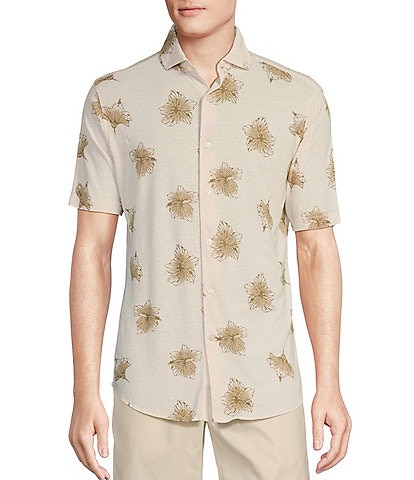 Daniel Cremieux Signature Label Floral Printed Jersey Jacquard Short Sleeve Coatfront Shirt