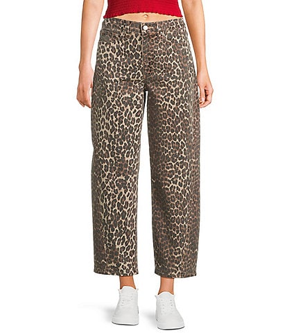 Daze Barrell Leg Mid Rise Leopard Print Denim Jeans
