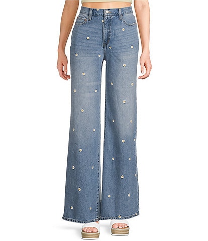 Daze Far Out High Rise Wide Leg Daisy Print Jeans