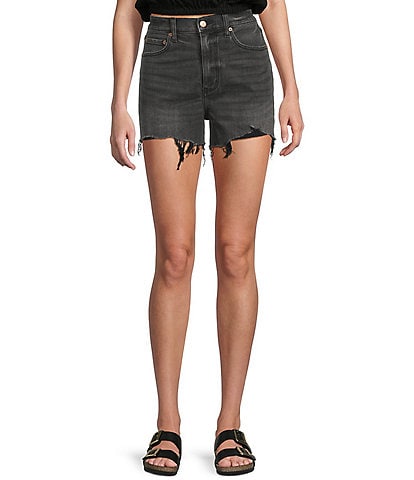 Daze The Knockout Distressed Frayed Hem High Rise Denim Shorts