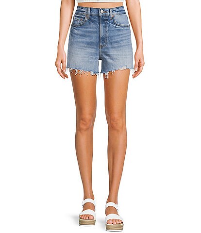 Daze The Knockout Distressed Frayed Hem High Rise Denim Shorts