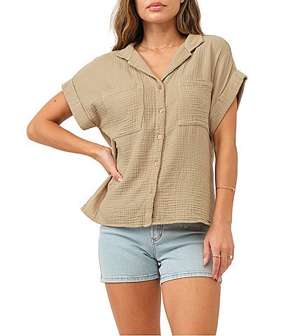 Dear John Cali Woven Notch Collar Short Sleeve Button Front Top