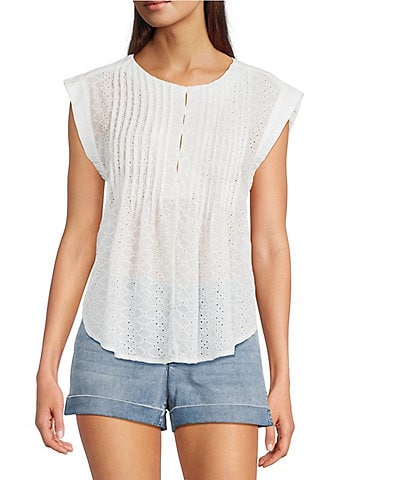Dear John Marfa Eyelet Crew Neck Cap Sleeve Blouse