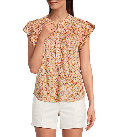 Dear John Rose Floral Print Split V-Neck Ruffle Cap Sleeve Top