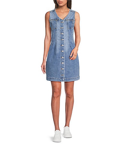 Dear John Sabrina Denim V-Neck Sleeveless Button Down Dress