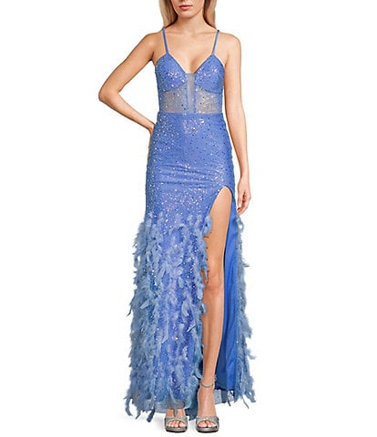 Dear Moon 3D Mesh Sequin Deep V-Neck Spaghetti Strap Lace Up Back Feathered Gown