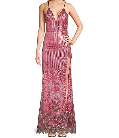 Dear Moon Border Floral Placement Sequin V-Neck Spaghetti Strap Side Slit Gown