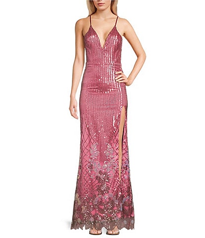 Dear Moon Border Floral Placement Sequin V-Neck Spaghetti Strap Side Slit Gown