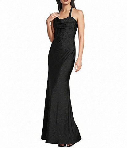 Dear Moon Cowl Neck Corseted Open Bow Back Long Dress