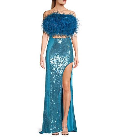 Dear Moon Faux Feather Strapless Sequin Embellished Long Two-Piece Dress