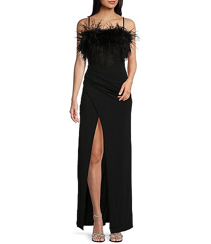 Dear Moon Matte Stretch Feathered Bodice Corset Pleated Front Slit Gown