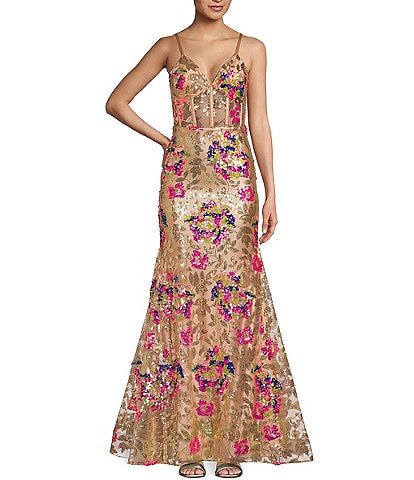 Dear Moon Pattern Floral Sequin Corset Lace-Up Back Long Dress
