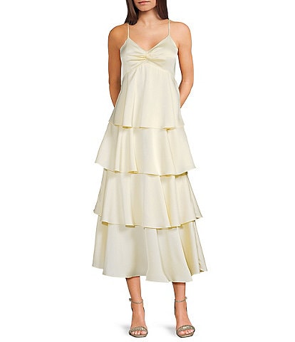 Dear Moon Satin Twist Front Ruffle Tiered Midi Dress