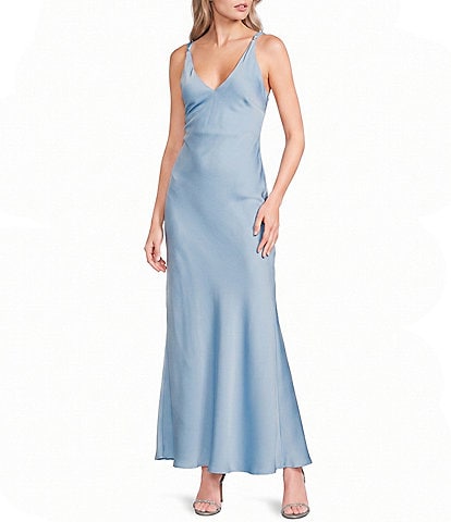 Dear Moon Satin V-Neck Knotted Strap Maxi Slip Dress
