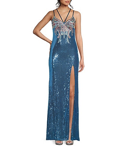 Dear Moon Sequin Butterfly Applique V-Neck Lace Up Back Cutout Gown