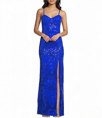  Sequin Patterned Sweetheart Neck Side Slit Dress