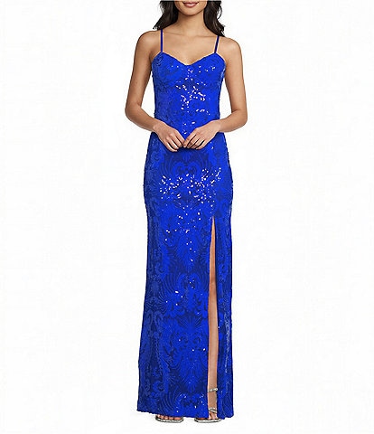 Dear Moon Sequin Patterned Sweetheart Neck Side Slit Fitted Dress