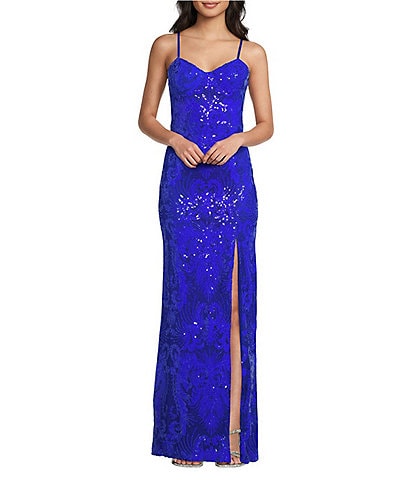 Dear Moon Sequin Patterned Sweetheart Neck Side Slit Fitted Long Dress