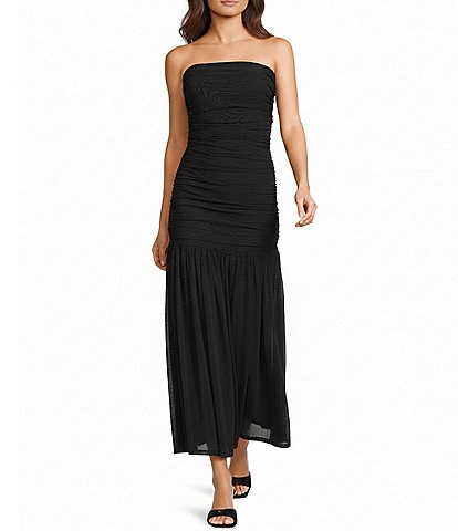 Dear Moon Strapless Shirred Mesh Maxi Dress