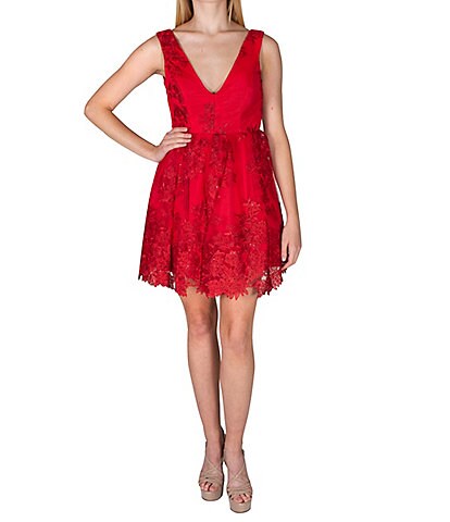 Dear Moon V-Neck Floral Lace Fit-And-Flare Dress