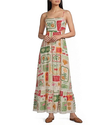 Dee Elly Postcard Print Square Neck Maxi Dress