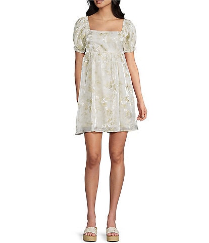 Dee Elly Square Neck Short Sleeve Floral Embroidered Mini Babydoll Dress