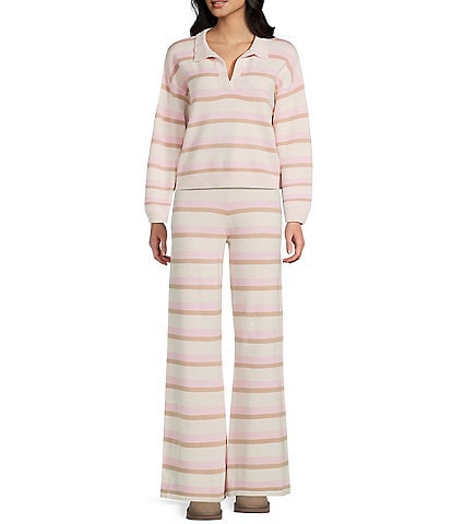 Dee Elly Stripe Long Sleeve Collared V-Neck Coordinating Sweater