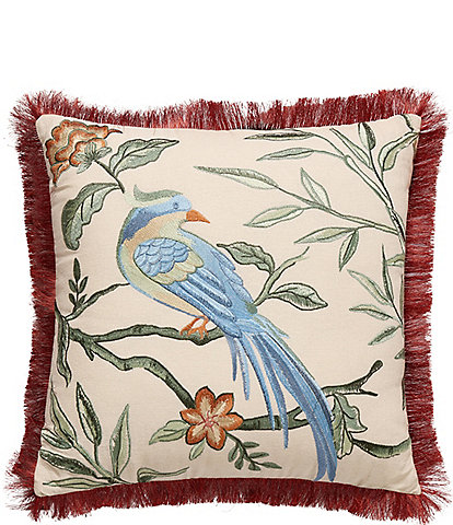 Dee Ocleppo Aviary Paradise Bird & Floral Embroidered Fringe Trimmed Square Pillow