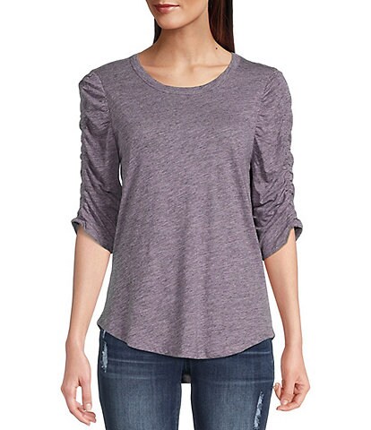 Democracy 3/4 Puff Ruched Sleeve Jewel Neck High-Low Hem Knit Tee