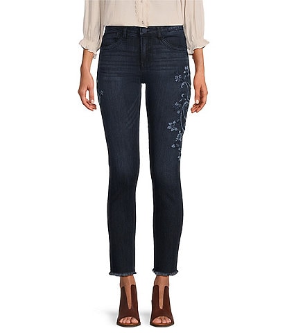 Democracy #double;Ab#double;Solution High-Rise Embroidered Frayed-Hem Ankle Skimmer Jeans