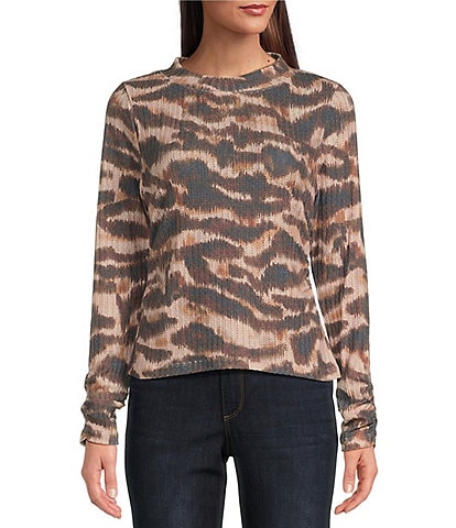 Democracy Animal Print Crew Neck Ruched Long Sleeve Knit Top