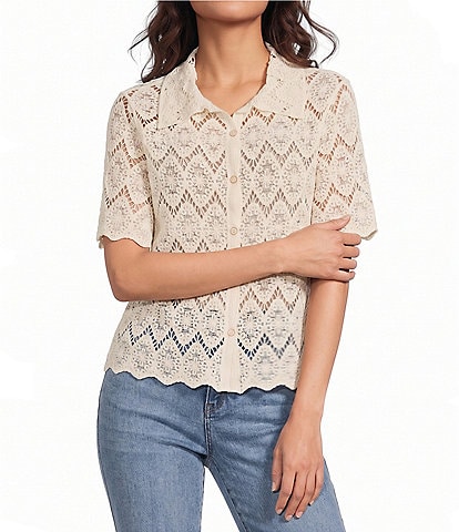 Democracy Crochet Collared Short Sleeve Scalloped Edge Button Front Shirt