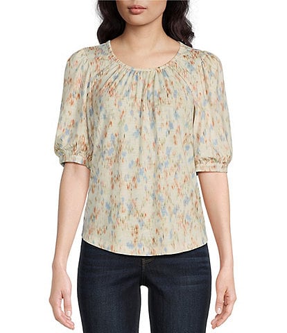 Democracy Ditsy Print Ruched Crew Neck Elbow Length Sleeve Top