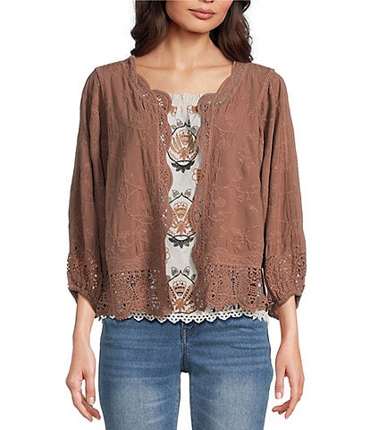 Democracy Embroidered 3/4 Blouson Sleeve Open-Front Crochet Jacket