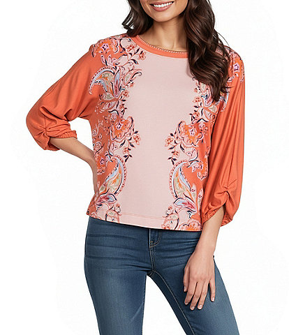 Democracy Embroidered Floral Boat Neck 3/4 Sleeve Knit Top