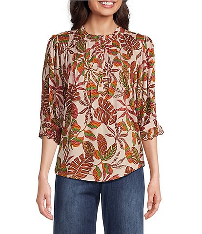 Democracy Embroidered Leaf Print Round Ruffle Neck Elbow Sleeve Pintuck Woven Top