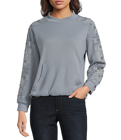 Democracy Embroidered Mixed-Media Mock Neck Long Sleeve Top