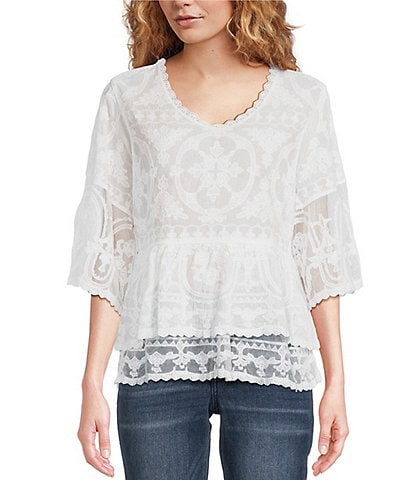 Democracy Embroidered Woven Round Neck 3/4 Sleeve Tiered Peplum Top
