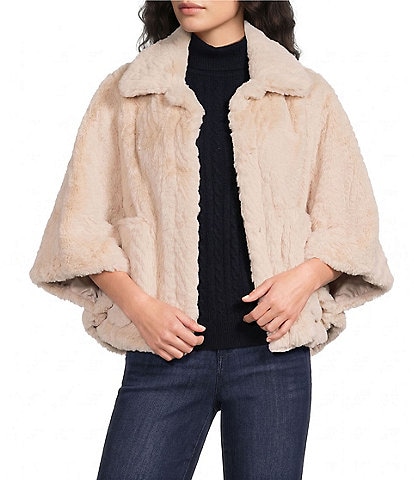 Democracy Faux Fur Wide Collar Elbow Length Caplet Jacket