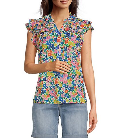 Democracy Floral Print Woven Double Flutter Sleeve Smocked Yoke Half Button Front Top