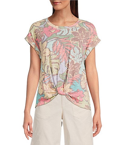 Democracy Floral Scoop Neck Short Roll Cuff Sleeve Knit Top